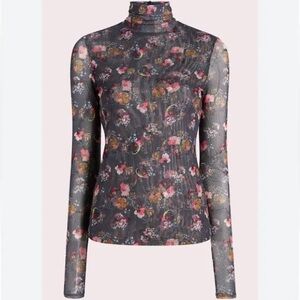 Cinq a Sept Black Floral Semi Sheer Mesh Turtleneck Top Small Long Sleeve